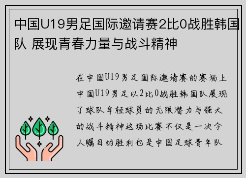 中国U19男足国际邀请赛2比0战胜韩国队 展现青春力量与战斗精神